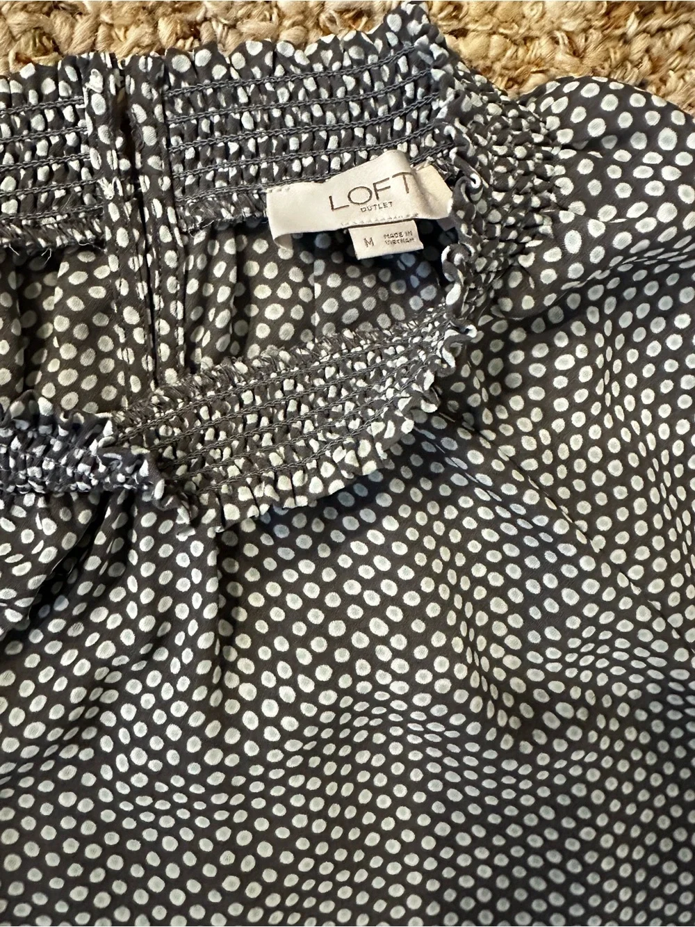 LOFT Sage/Gray Smocked-Neck Printed Blouse